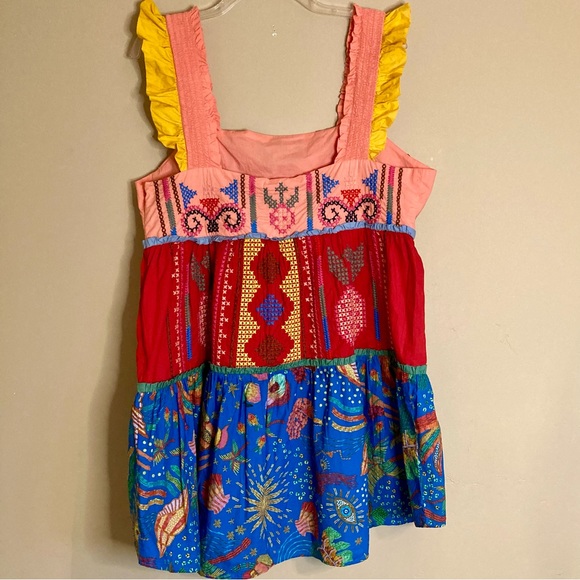 FARM Rio Color Blocking Pineapple Embroidered Tiered Mini Dress Red Size M - Picture 13 of 15